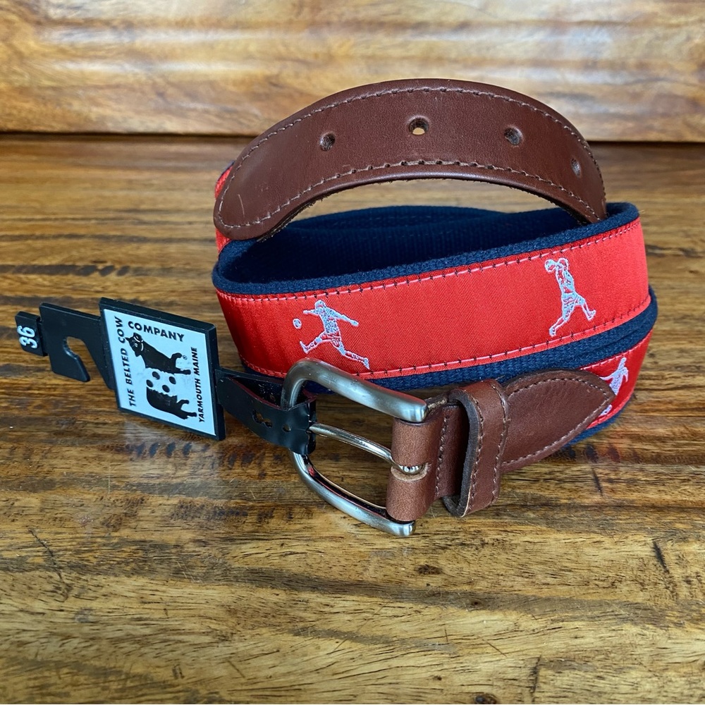 Soccer Print The Belted Cow Red Belt Mens Size 36 Made in Maine USA